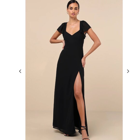 Lulus Simply Delightful Black Tie-back Flutter Sleeve Maxi Dress - Size M - Picture 1 of 4